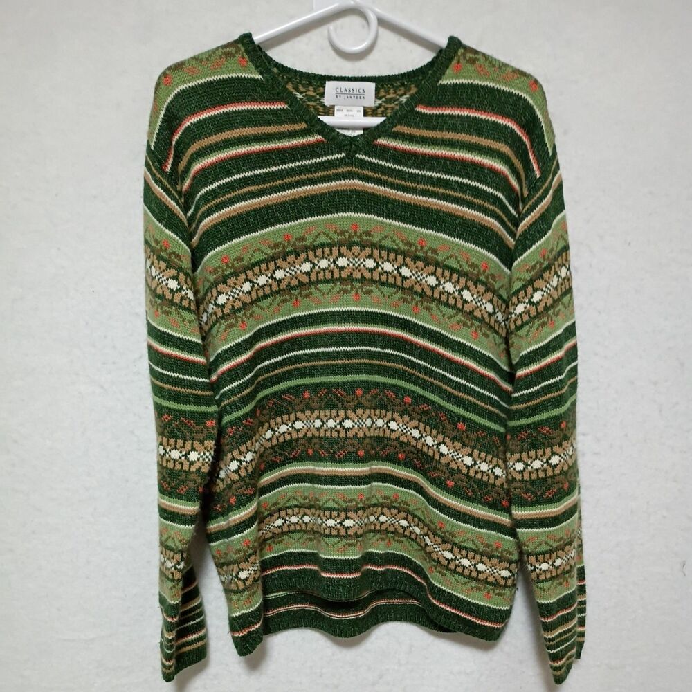 VTG Jantzen Classic Knit Women’s V-Neck Sweater Sz L Fair Isle Pattern Green